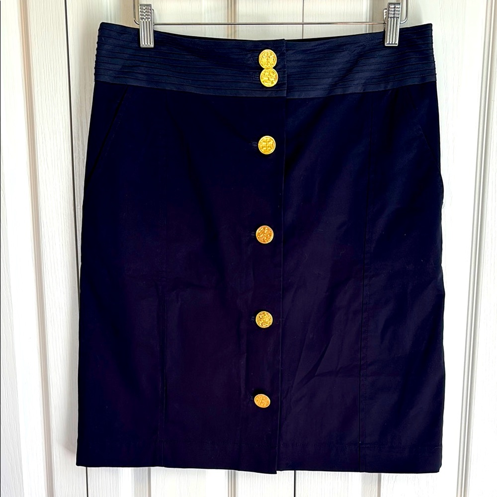 Tory Burch High Waist Navy Blue Skirt with Gold Accent Buttons. Size 10.
